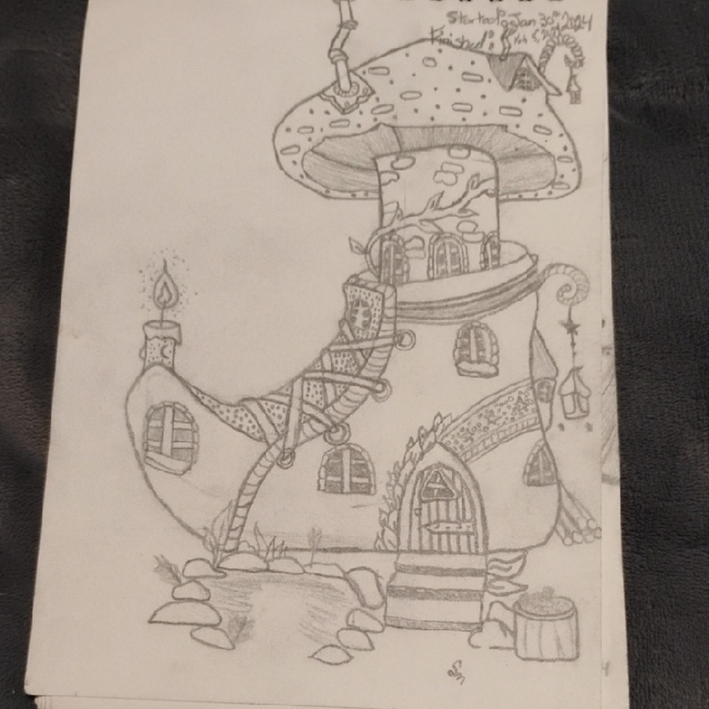 Whimsical Black and White Boot House Sketch